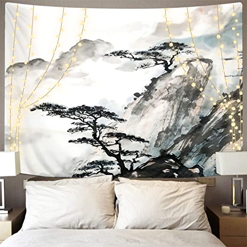 Violetpos Tapisserie mural Japonais Asiatique Paysage Chinois Montagne Arbres Décoration d'Intérieur Tenture Murale pour Chambre 148 x 200 cm H/W