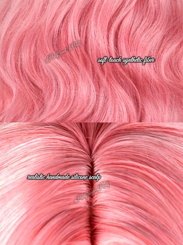 Image of Half and Half Tetia Cosplay Wig Peach Pink Anime Curly Ponytail Wig with Bangs Long Pink Wave Wigs for Women MagicGirl Wizard Halloween Party Daily