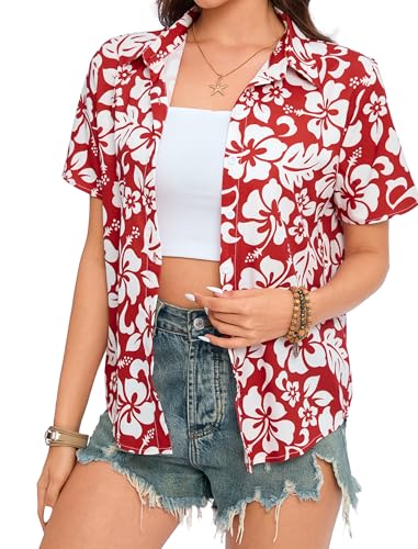 Hawaiian Shirts for Women:Aloha Shirt Summer Beach Button Up Floral Blouses Short Sleeve Hawaii Tropical Outfits Tops4
