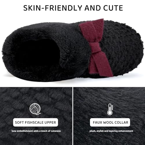 WateLves Women's Slip on House Slippers with Bow-knot, Fuzzy Memory Foam Faux Fur Lining Bedroom Shoes for Indoor & Outdoor (Black Red, 38/39)3