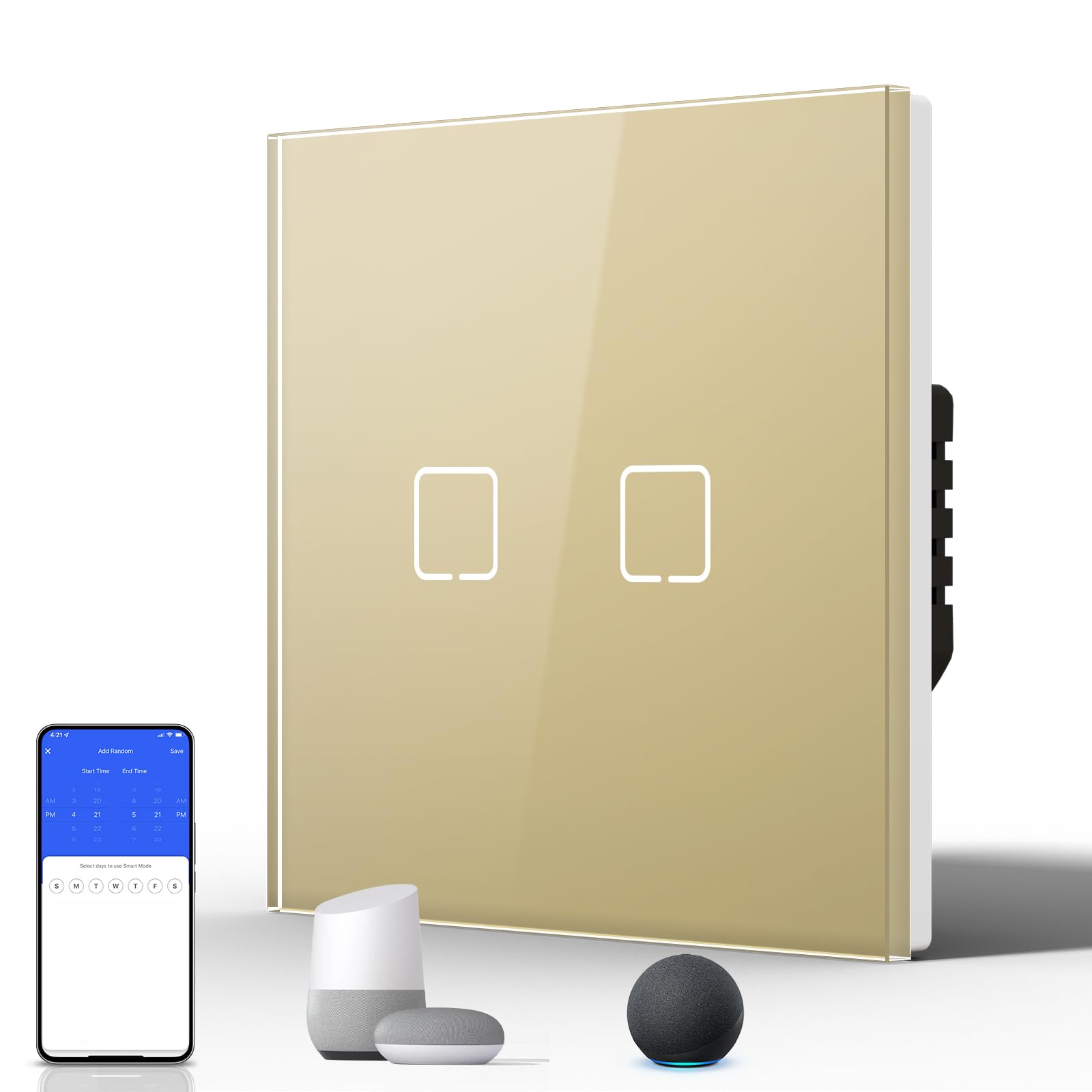 BSEED Smart Touch Light Switch,WIFI Rocker Wall Light Switches with Glass Panel,Push-button with LED Backlight,Horizontal & Vertical Mounting,Neutral Wire Required,2 Gang 1 Way,86mm Gold