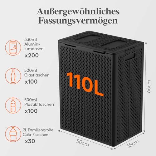 Lifewit 110L Pfandflaschen Sammelbehälter 2 Fächer mit Deckel und Flaschentasche, Flaschensammler Leergut Organizer mit Einwurf, Gro Mülleimer fur Plastikflaschen Leergutbeh Altglas, Schwarz