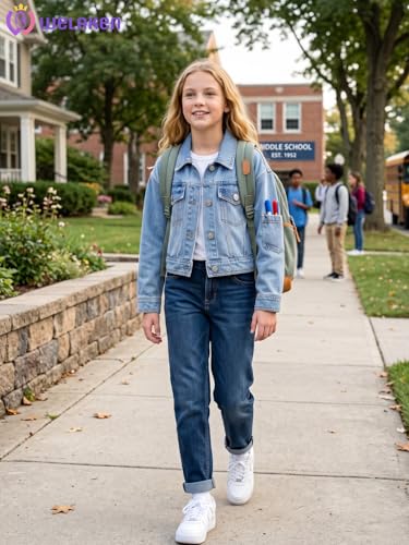 Image of WELAKEN Print Denim Jacket for Girls & Kids II Little Girl's Button Down Crop Jean Jacket Coat