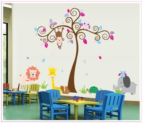NiceSee Colorful Tree with Monkey Giraffe Lion Elephant and Owl DIY Wall Decal Nursery Room Decals