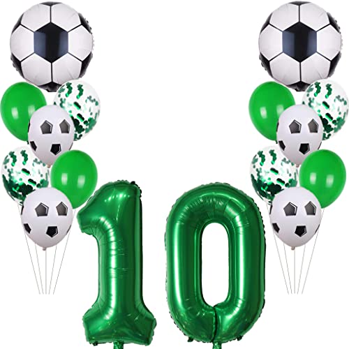 Lot de ballons de football pour 10 ans - Décoration d'anniversaire - Pour fille et garçon - Vert - 32" - Ballons gonflables - Avec chiffre 10 ans Cover
