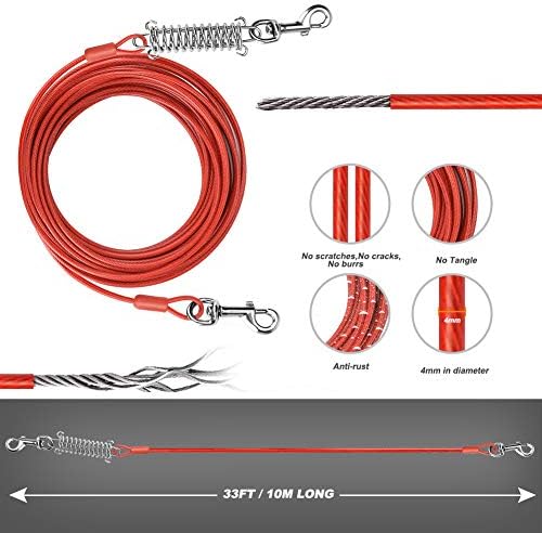 Brynnl 33 ft/10m Tie Out Cable for Dog, Pet Tie Out Cable with Durable Spring and Metal Swivel Hooks, Rust- Proof Training Tether for all breeds Small to Medium Dogs Up to 120 lbs (Red)