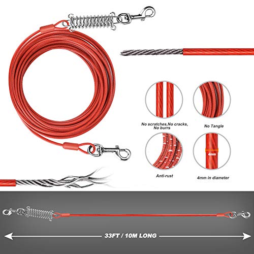 Brynnl 33 ft/10m Tie Out Cable for Dog, Pet Tie Out Cable with Durable Spring and Metal Swivel Hooks, Rust- Proof Training Tether for all breeds Small to Medium Dogs Up to 120 lbs (Red) - Image 3