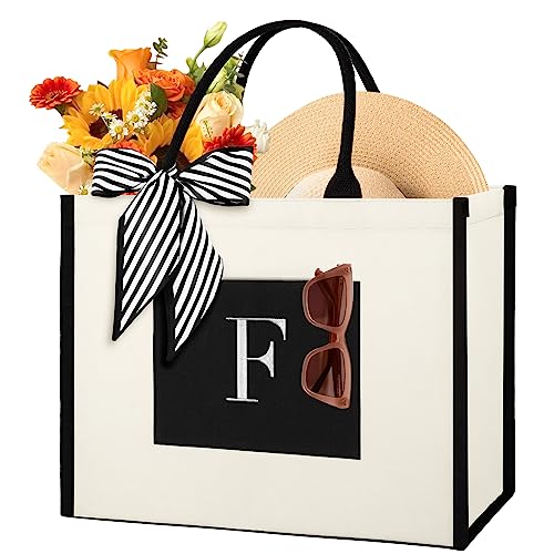 Personalized Initial Canvas Tote Bag, Monogrammed Beach Tote Bag for Women, Birthday Gifts for Women, Bride, Holiday