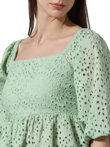 Image of ONLY Self Design Schiffli Square Neck Puff Sleeves Smocked Pure Cotton Top