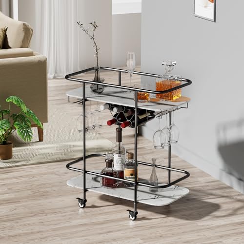 Benoss Black Home Bar Cart on Wheels, Mobile Serving Wine Cart with Glass Holder and Wine Rack...