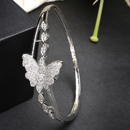 Image of ZENEME Rhodium Plated Silver Toned American Diamond Studded Grace Line Kada Bracelet For Women