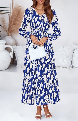 BTFBM Women Fall Dresses 2025 Casual Long Sleeve V Neck Maxi Dresses Floral Boho Long Dress Wedding Guest Dress