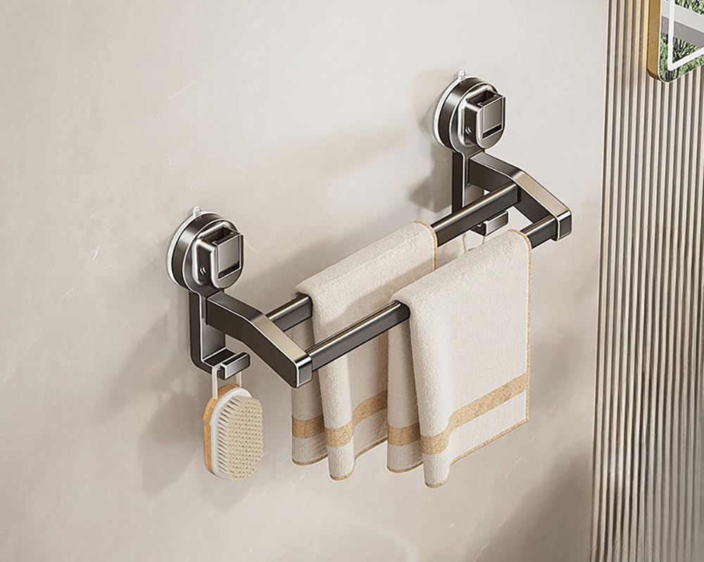 Lngfsh Gray Double Towel Rail Suction Cup Towel Bar, Aluminium Towel Rail Wall Mounted With 2 Hooks, Hand Towel Holder For Bathroom And Kitchen, Stick On Wall, Door (,30Cm)