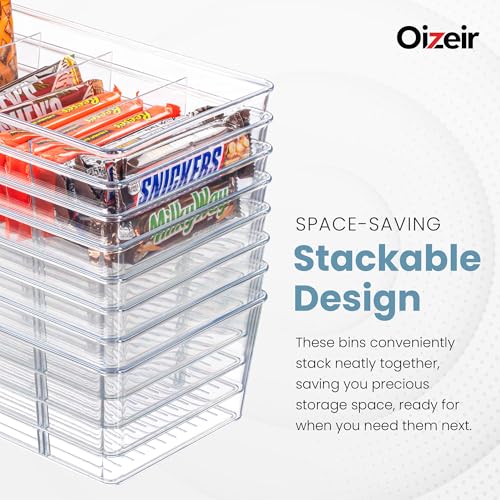 Image of Oizeir 8 Pack Clear Pantry Organizer Bins - Fridge Organizer with 3 Removable Dividers - Kitchen Pantry Organizers & Storage