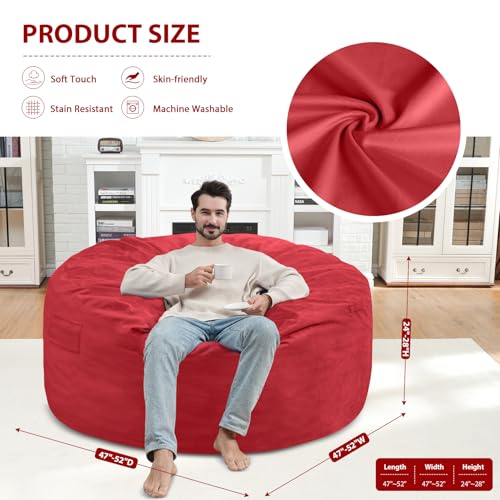 5FT Bean Bag Chair, Large Bean Bag Chairs with Memory Foam Filled, Fluffy Beanbag Sofa with Dutch Velvet Cover, Round BeanBag Chairs for Living Room, Playroom - Red