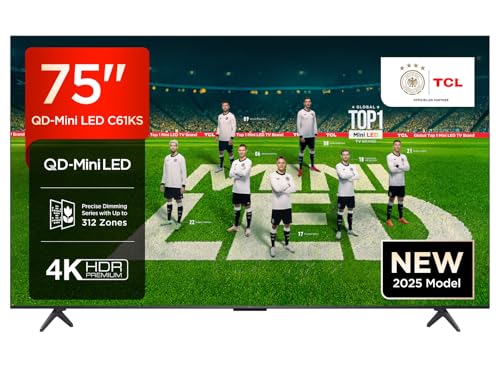TCL 75C61KS QLED Mini LED Fernseher 75 Zoll, 4K HDR Premium, Dolby Vision & Atmos, Onkyo 2.1 Sound, Smart TV mit Google TV, Game Master, HDMI 2.1, AirPlay 2, Google Assistant & Alexa
