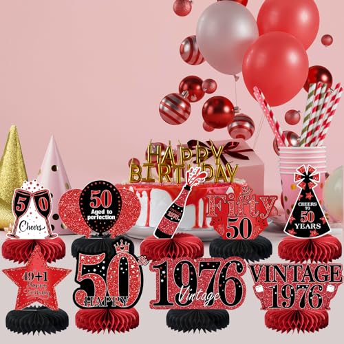 Image of 9Pcs 50th Birthday Decorations Red and Black 50th Birthday Party Decorations for Women,Happy 50 Years Vintage 1976 Aged Honeycomb Centerpieces Table Sign Decor Supplies