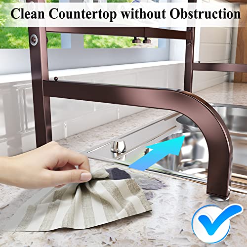 Image of Over The Sink Dish Drying Rack, SAYZH Width Adjustable (25.5 inch to 33.5 inch) 2 Tier Dish Rack Drainer for Kitchen Counter Organization and Storage, Utensil Sponge Holder Sink Caddy Dryer Rack Brown