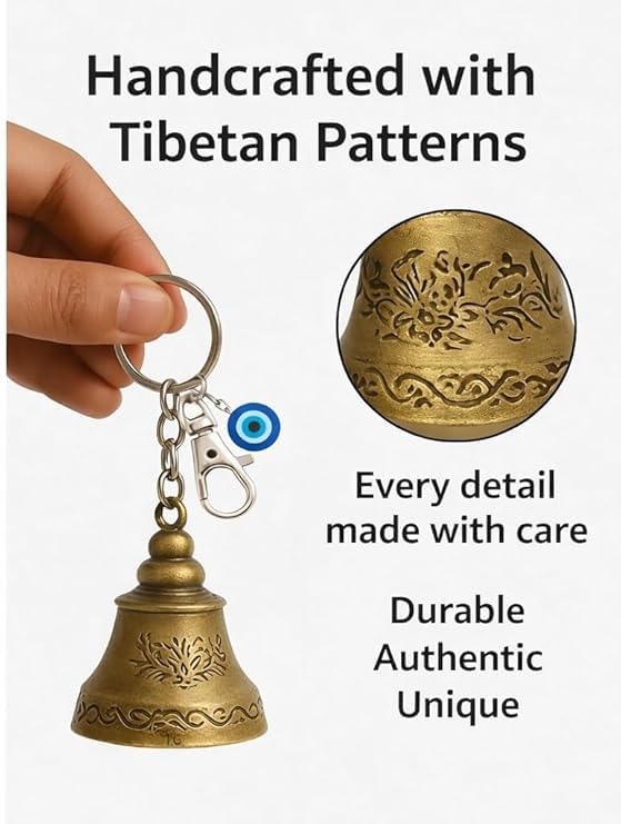 Image of Guardian Bell Keychain for Bike & Motorcycle | Tibetan Lucky Bell | Evil Eye & Lord Shiv Charm | Metal Rider Protection | Premium Pouch Included