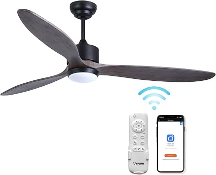 Ovlaim 60 Inch Indoor Outdoor Smart Ceiling Fans with Lights and Remote, 6 Speed Quiet DC Motor, for Patios Living Room, 3 Wood Blade