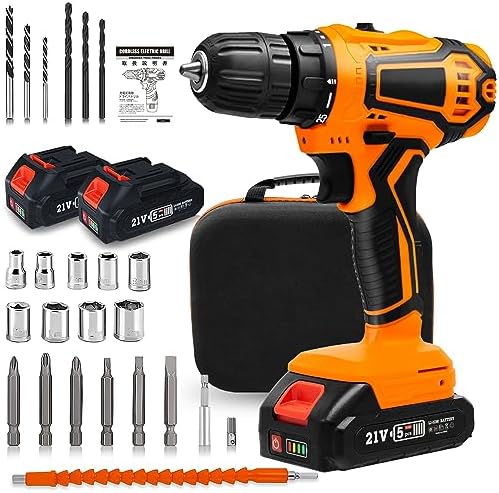 電動ドライバー ドリル 21v 1500mAh バッテリー2個付き (マキタ バッテリーに対応) 25段階トルク調節 最大32N.m スピード調節機能 正逆転切替 穴あけ 電動工具セット 21ドリル/收纳ケース付き DIY初心者でも使いやすい