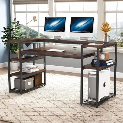 Image of Computer Desk 160 cm with Storage Shelves| Monitor Stand, Home Office Writing Table, Wooden Study Table for Laptop Work at Home| Modern Office Furniture| Rustic Brown| 160x60x90cm