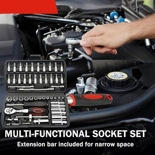 Image of KBZONE Socket Wrench Set, 53PCS 1 /4 Inch Ratcheting Wrench Set And Extension Bar Gimbal Slide Bar Extension Sockets, Set For Automotive Repair And Home Use (Black)