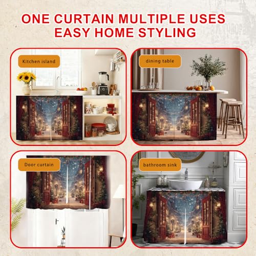 Image of Self Adhesive Vintage Street View Cabinet Curtain for Mother's Day, 39x28 Inch Open Door Scenery Under Sink Skirt No Drill, Spring Cleaning Kitchen Decor, Hook and Loop Valance