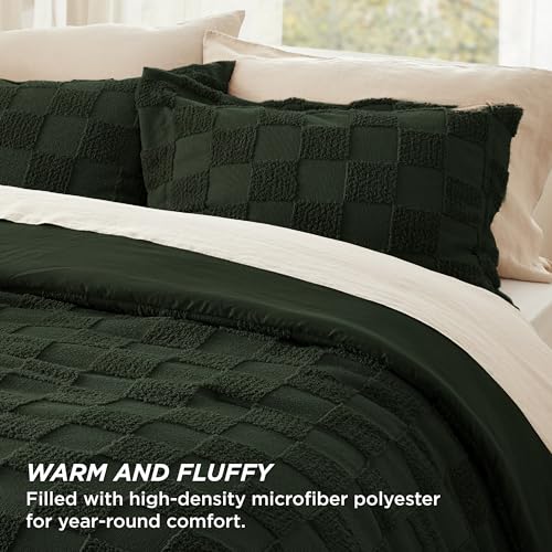 Image of Bedsure Full Size Comforter Set Dark Olive Green, Boho Tufted Bed Set, Checkered Farmhouse-Style Distressed Vintage Bedding, 3 Pieces, 1 Plaid Geometric Comforter and 2 Pillow Shams