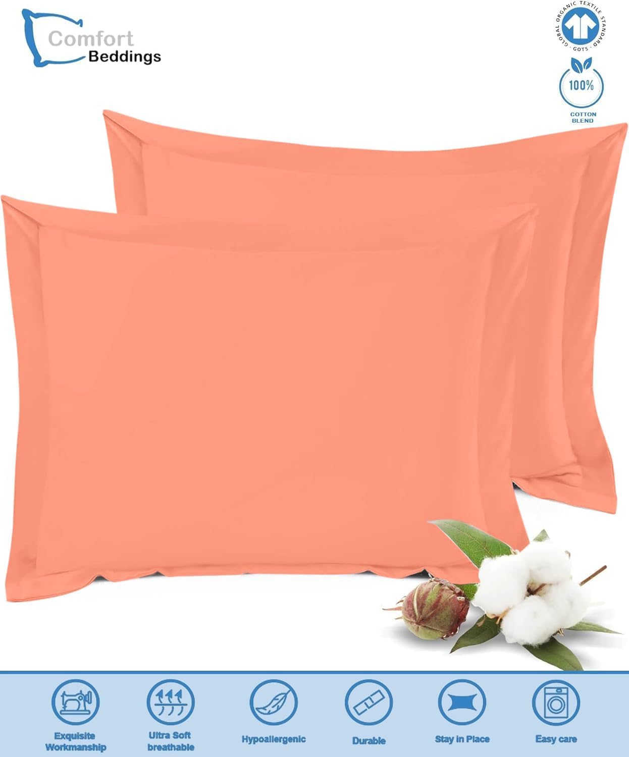 Comfort Beddings Premium Quality Pillowcases 100% Cotton Blend Square Pillow Cases Pack Of 2 - Peach (Continental/Square Size 60 x 60 CM) - Image 2