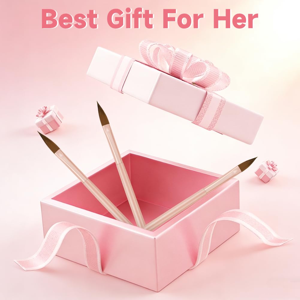 Pinceles Para Uñas,3PCS Pincel Para Uñas De Acrílico,Plumas De Arte De Uñas,Herramientas De Manicura Para Diy Diseño De Uñas,Diseño De Uñas En Gel y Manicura Profesional,Rosa