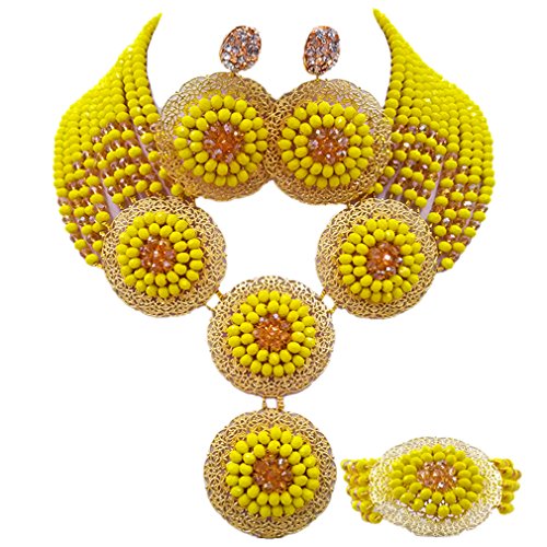 aczuv African Beads Jewelry Set 2017 Nigerian Wedding Necklace and Earrings for Women (Yellow Gold AB)