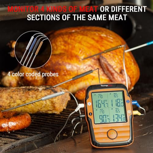 Image of TempPro TempSync 1000FT Wireless Meat Thermometer for Grill with 4 Probes | RF Technology, Alarms, Large Digital Backlit Display, Stainless Steel Probe, Smoker, BBQ, Grill Cooking Gift