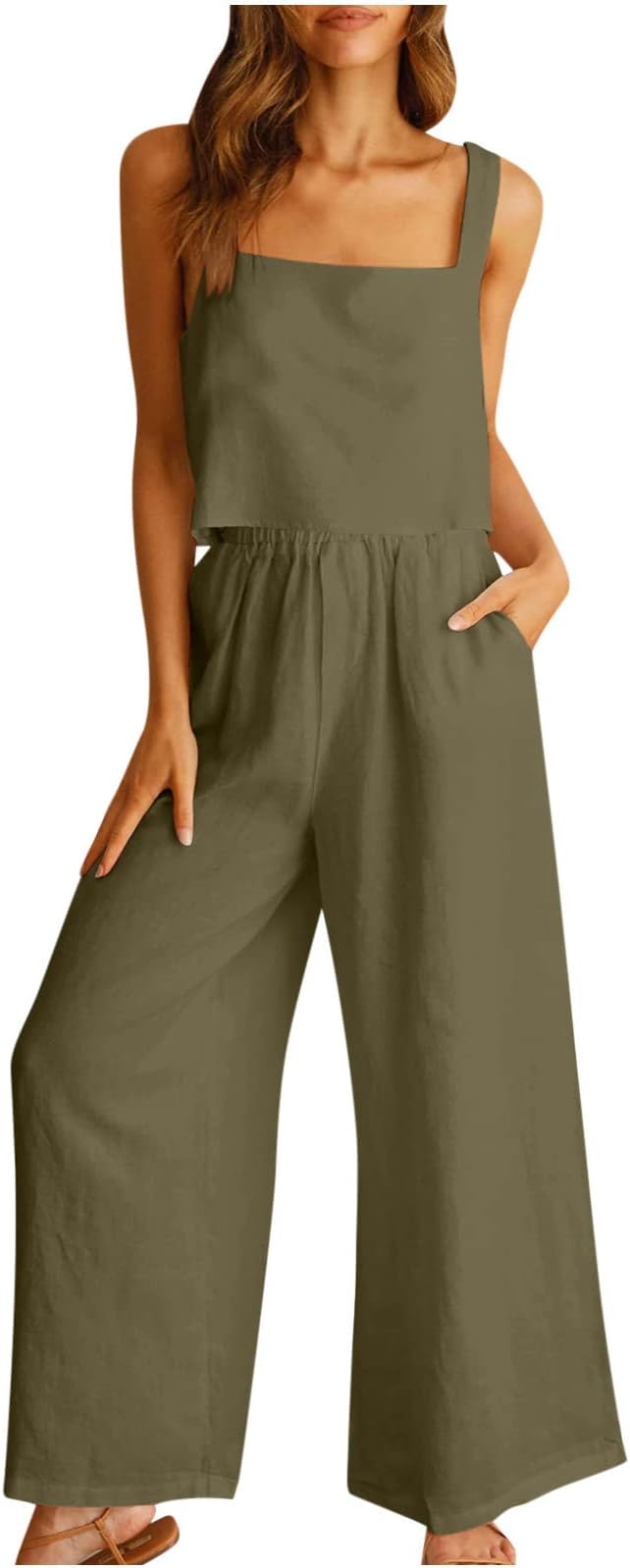 Oversized Two Piece Linen Sets for Women Lounge Matching Sets Sleeveless Square Neck Crop Top Wide Leg Pants Set Tracksuit 2 Piece Outfits Beach Vacation Trendy Loungewear with Pockets