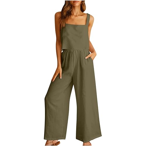 XMBPUM Women Summer 2 Piece Outfits, Crop Tank Top Wide Leg Pants with Pockets,Beach Vacation Matching Sets Linen Resort Wear