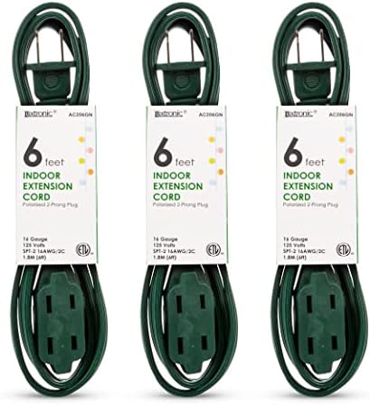 Luxtronic 2-Prong Indoor Extension Cord - Includes 3 Polarized Outlets with Protective Plug Cover - ETL Certified, 16 Gauge, 125 Volts (6 Feet Long, Green) - Pack of 3