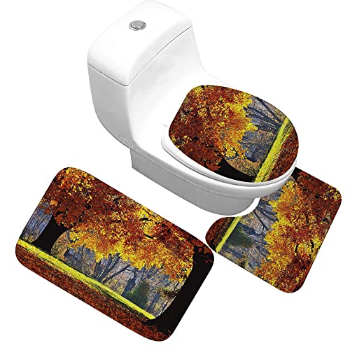GRGFG Badematten Set,Badematten Teppich-Set 3-Teilig Park Woods 3D-Druck rutschfeste Badematten Weiche Mikrofaser…