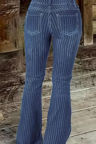Women's Casual High Waist Bell Bottom Jeans Striped Printed Hem Raw Flare Denim Pants3