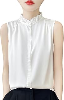Camiseta sin mangas de satén para mujer, color liso, cuello alto, cuello alto, con botones y costuras
