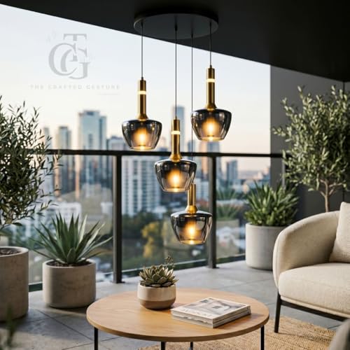 Image of Set of 4-Heads Tapered Cone-Shaped Glass Hanging Pendant Light|Modern Frustum Cluster Ceiling Lamp with Metal Base|Smoke-Glass for Living Room, Dining & Cafe
