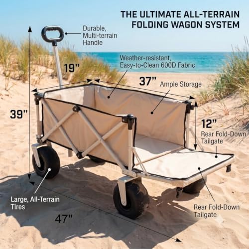 Collapsible Beach Wagon with Pre-Inflated 9" Balloon Wheels β Light Sun-Reflective Fabric, Heavy Duty All-Terrain Folding Utility Cart for Soft Sand, Gardening & Travel - 3