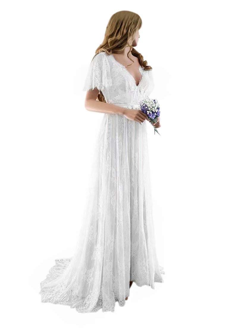 Women's Bohemian Wedding Dresses Short Sleeve V Neck Lace Beach Wedding Gowns QU187 - White - 30 Plus