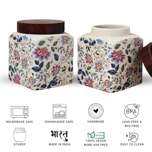 Image of Vistas 'Blue Bloom' Square Airtight 400ml Set of 2 Ceramic Jar for Kitchen Storage | Handcrafted Ceramic Barni with Wooden Lid | Multipurpose Pickle, Spice & Salt Container