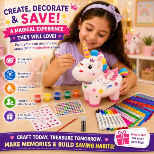 Image of PLUSPOINT DIY Unicorn Coin Bank Painting Kit for Kids Ages 5+ Paint Your Own Piggy Bank Craft Set with 6 Paints, 12 Magic Floating Pens, Metallic Foil Sheets, Stickers, Gems & Glitter, Creative Gift