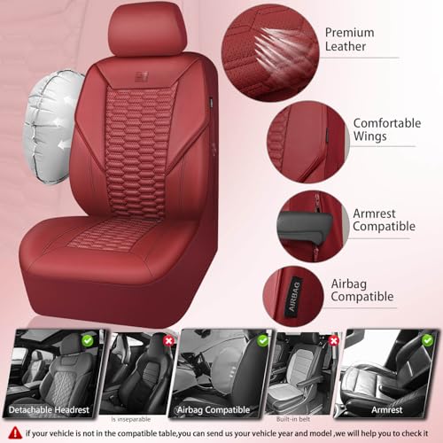 Image of CAR PASS 3D Foam PU Leather Car Seat Covers Full Set,Luxury Breathable Faux Leather Seat Covers for Car,Anti Slip Universal Fit for SUVs Vans Sedan Trucks Automotive,Armrest Airbag Compatible Burgundy