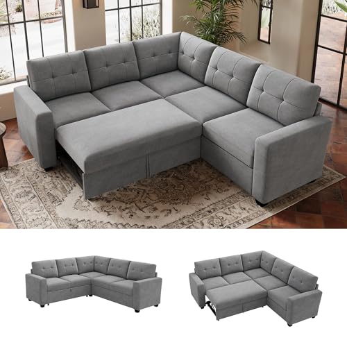 Image of HONBAY 5-Seater U-Shaped Sectional Sleeper Sofa with Pull-Out Bed, Pet-Resistant Fabric Sectional Couch for Living Room, Grey