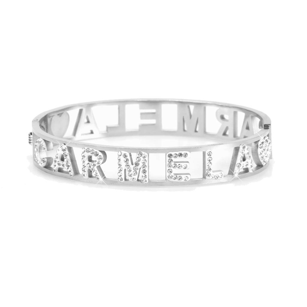 Flowers Bracciale Rigido Acciaio con Nome Vari e Zirconcini Sacchettino in Tessuto Scritta Nome ricoperta di Strass Brillantissimi Bracciale a Manetta Donna Chiusura a Molla Idea Regalo