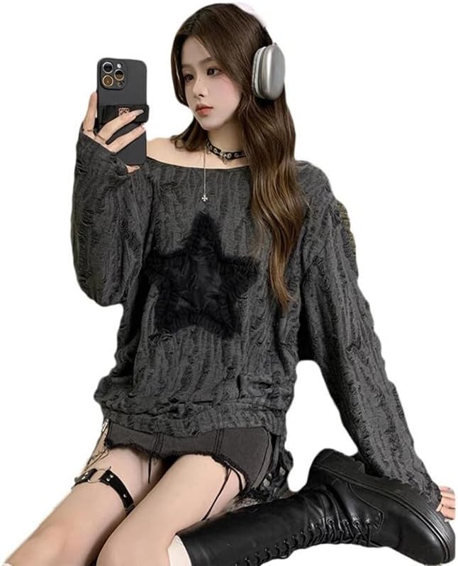 Women's T-Shirt Cold Shoulder Long Sleeve Top with Drawstring Cut Out Oversized Star Print Blouse for Women - Image 2