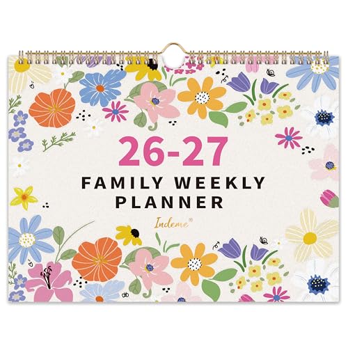 Familienkalender 2026 2027 - Kalender 2026 2027 August 2026 - Juli 2027 Wandkalender 2026 2027 mit 6 Spalten To-Do- und Einkaufslisten Innentasche 32 x 23 cm Blume