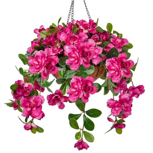 Briful Kunstblumen Wie Echt Hängegeranie Hängende Pflanzen Künstliche Blumen Rhododendron mit Hängeampel, Höhe 70 cm, Zimmerpflanze Busch Dekopflanze Grünpflanze